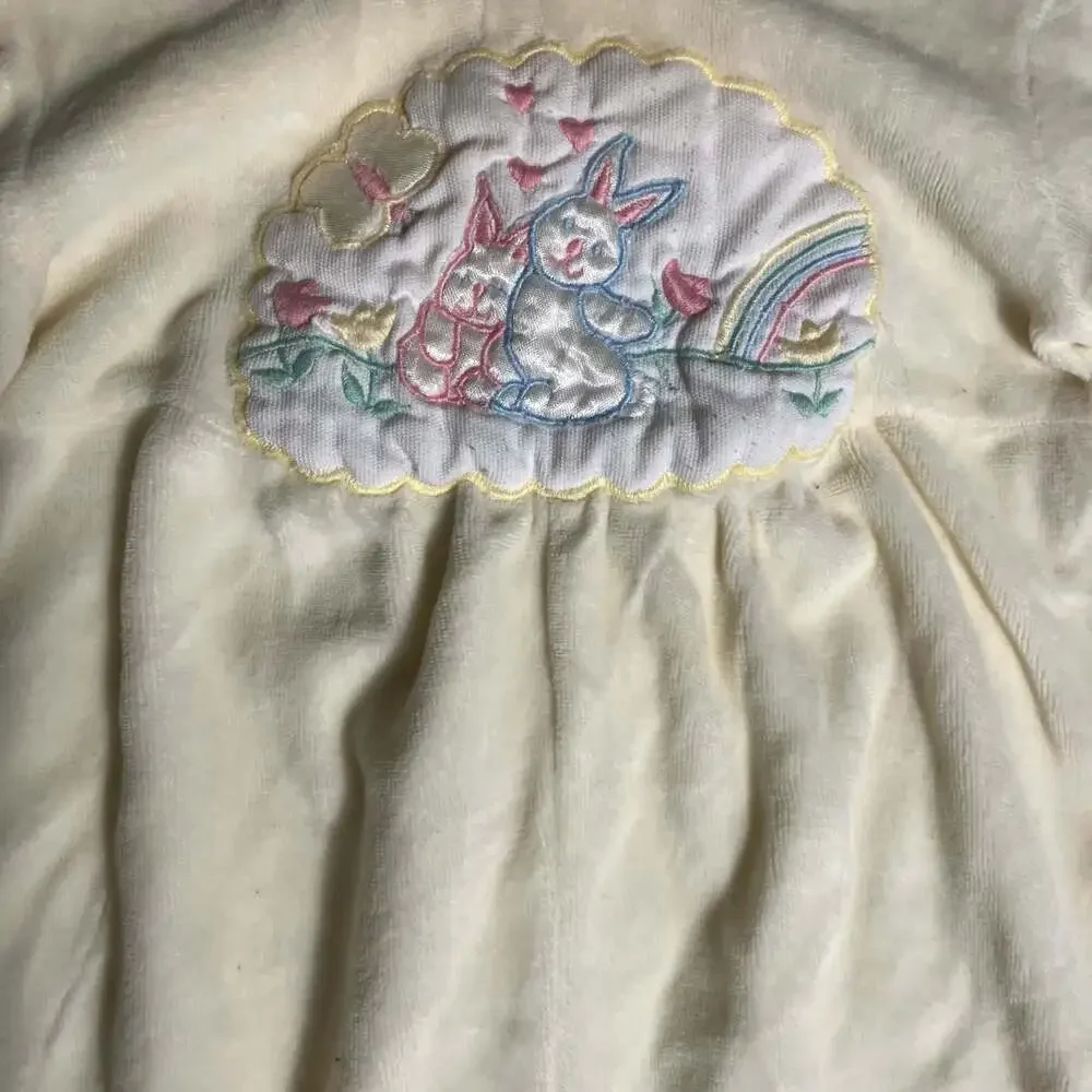Vintage Yellow Velour Baby Footed Sleeper with Embroidered Easter Bunnies